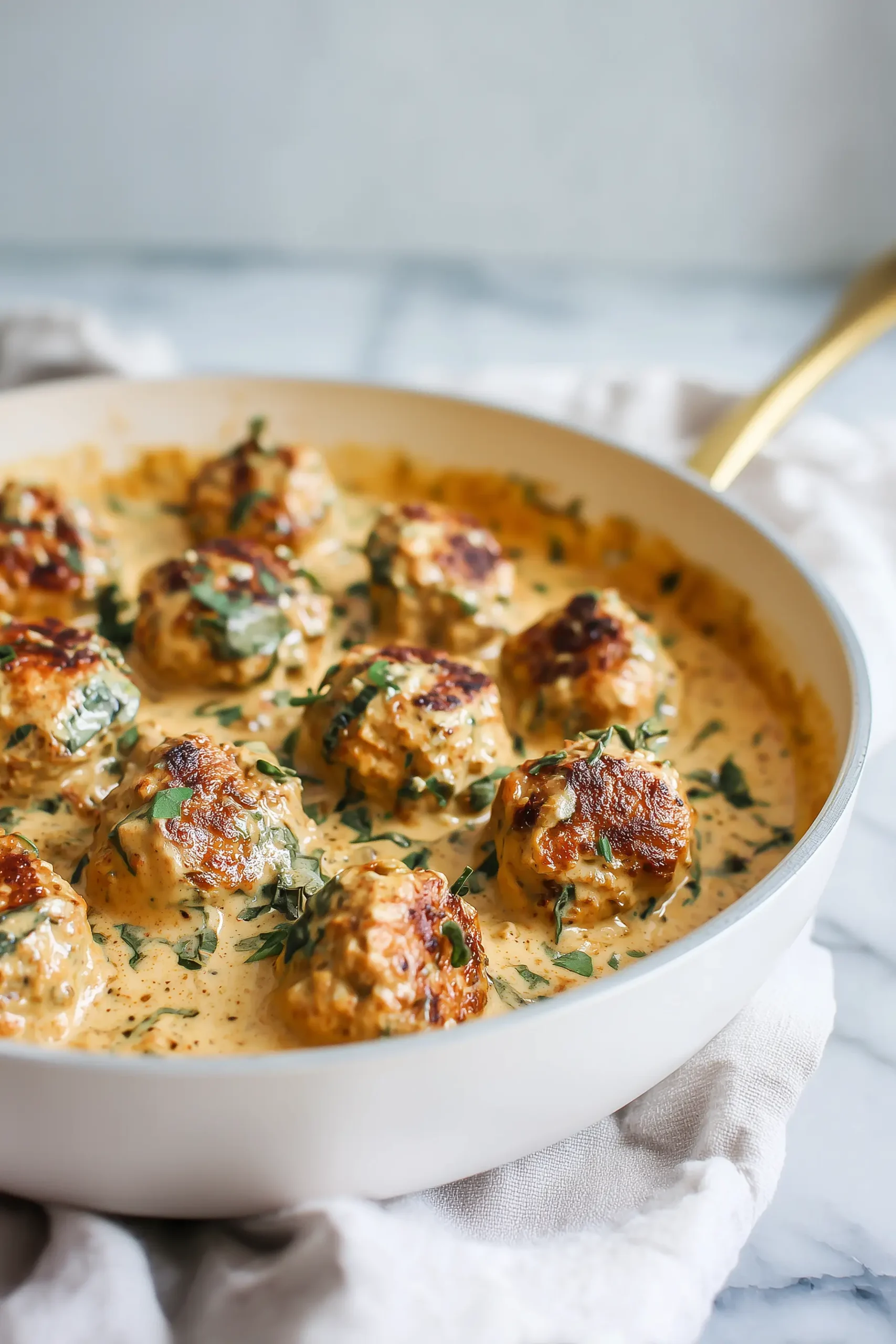 A skillet of Marry Me Chicken Meatballs in creamy sun-dried tomato sauce with golden sear.