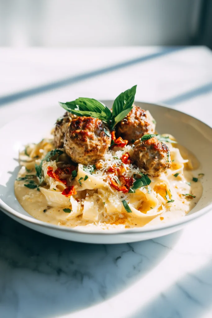 Marry Me Chicken Meatballs 4 Marry Me Chicken Meatballs atop creamy pasta with fresh basil and grated parmesan.