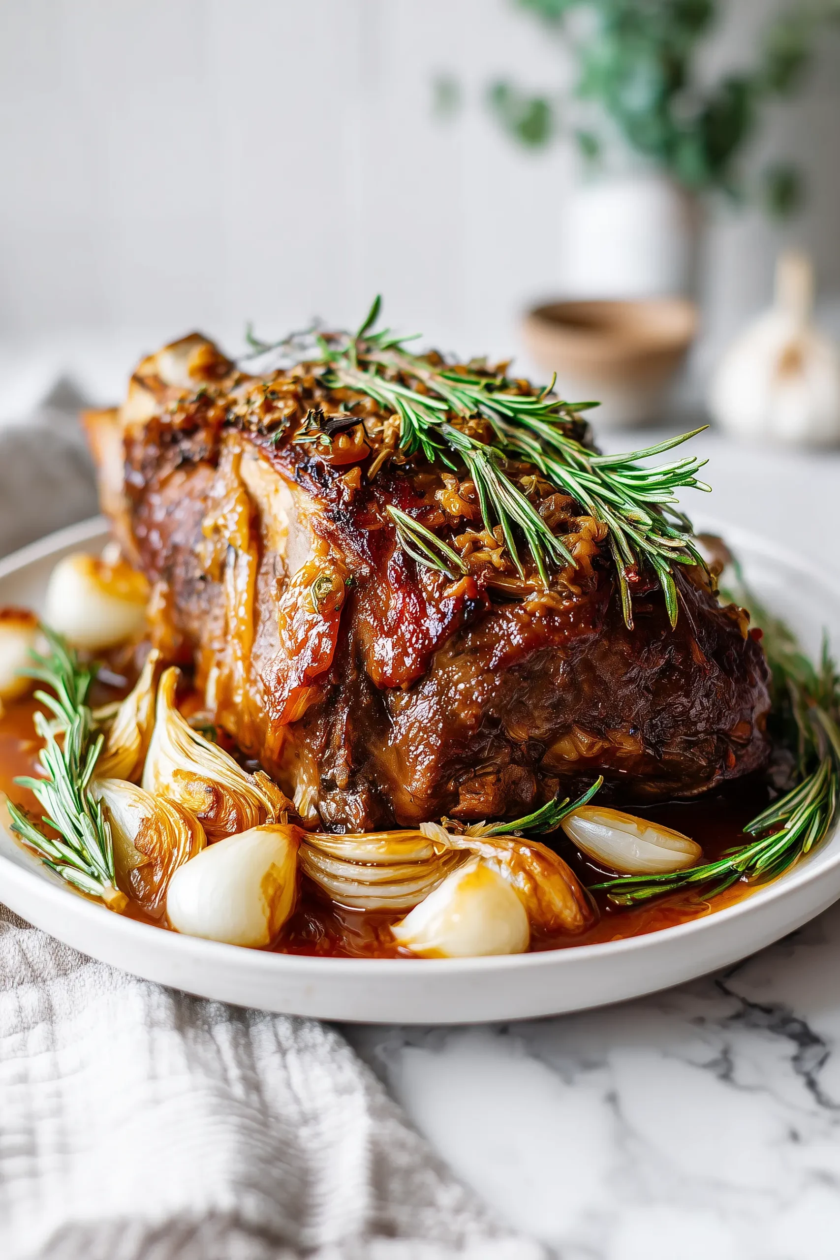 A golden roast Mary Berry&rsquo;s Rugby Lamb with rosemary, onions, and rich brown gravy, set on a bright modern kitchen background.