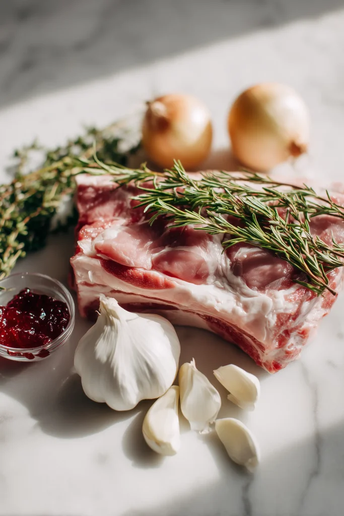 Mary Berry’s Rugby Lamb (Cozy, Comforting Roast for Gatherings) 2 All the main ingredients for Mary Berry’s Rugby Lamb laid out on a bright marble surface, including lamb shoulder, onions, garlic, herbs, and sauces.