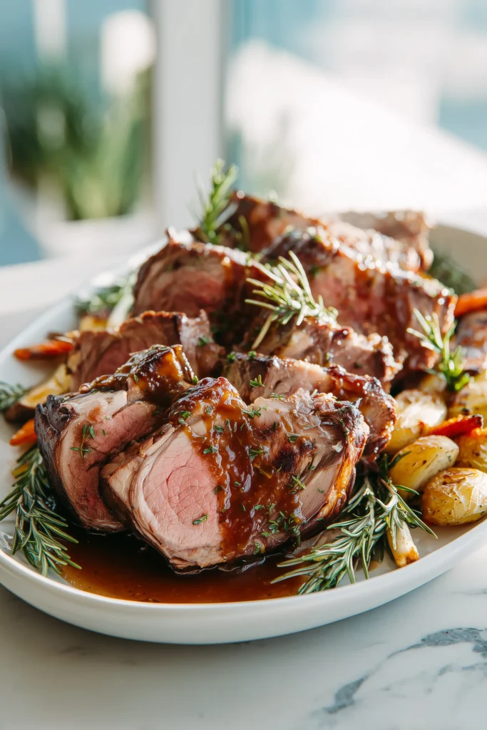 Mary Berry’s Rugby Lamb (Cozy, Comforting Roast for Gatherings) 4 Serving platter of carved Mary Berry’s Rugby Lamb with gravy and veggies on a light, airy table.