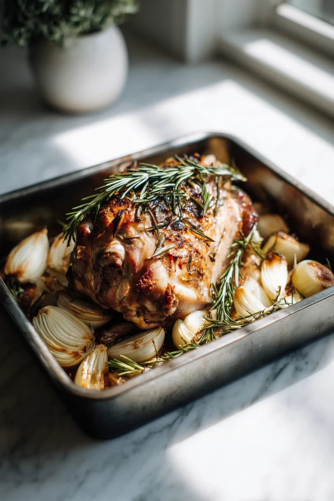 Mary Berry’s Rugby Lamb (Cozy, Comforting Roast for Gatherings) 3 Mary Berry’s Rugby Lamb cooking in a pan, golden with bubbling juices, onions, and rosemary on a bright modern background.