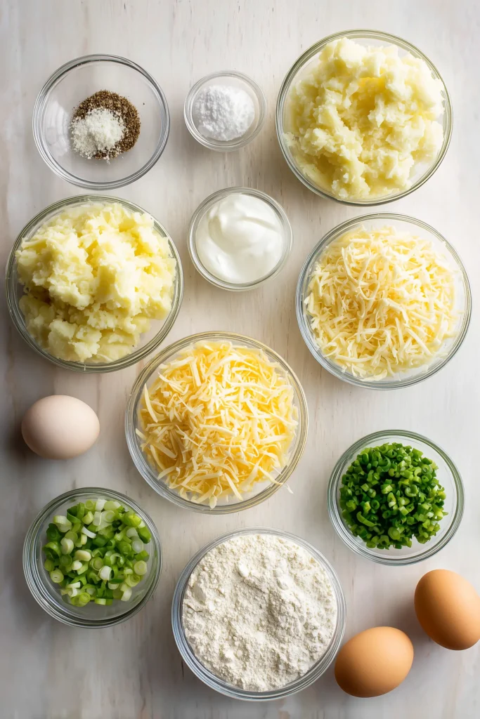 Mashed Potato Cheese Puffs (Crispy, Comforting & Easy Recipe) 2 Ingredients for Mashed Potato Cheese Puffs arranged in bowls on a light wood background, ready for cooking.