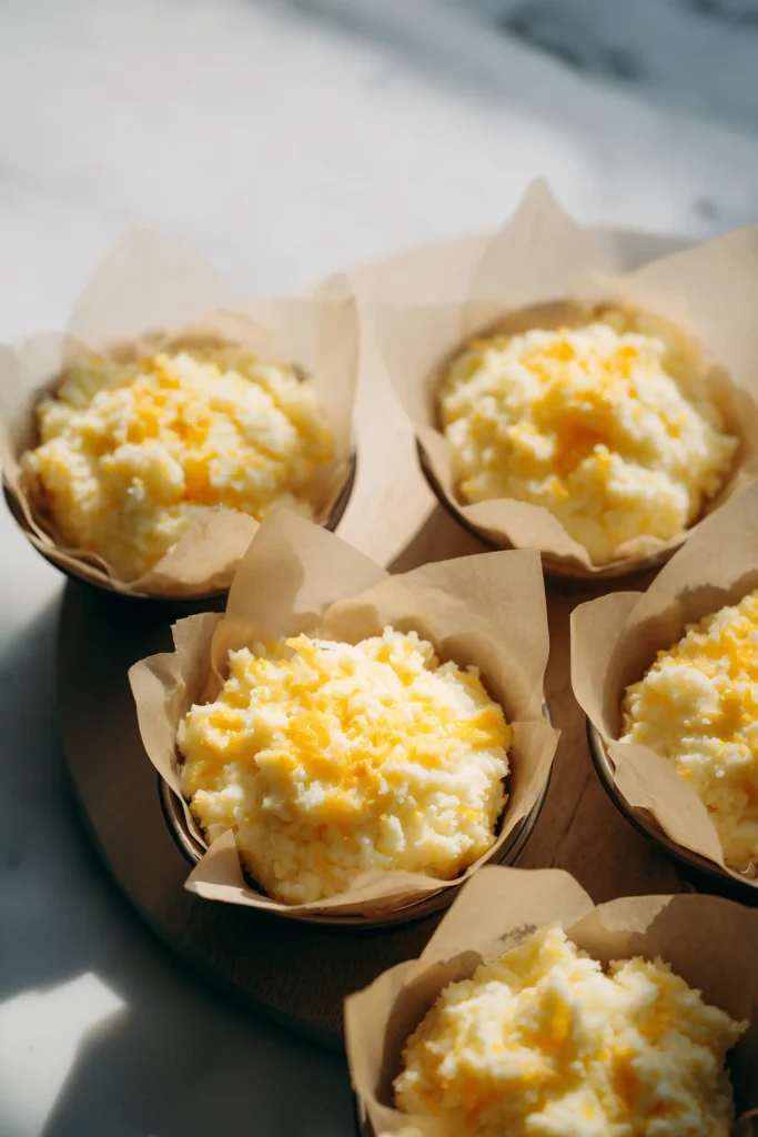 Mashed Potato Cheese Puffs (Crispy, Comforting & Easy Recipe) 3 Muffin tin filled with Mashed Potato Cheese Puff batter, fluffed and ready for the oven, on a bright kitchen surface.