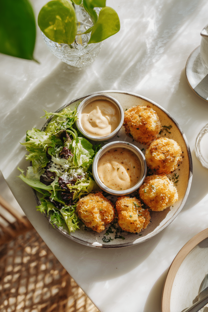 Mashed Potato Cheese Puffs (Crispy, Comforting & Easy Recipe) 4 Plate of Mashed Potato Cheese Puffs with dipping sauces and green salad on a marble surface, ready to enjoy.