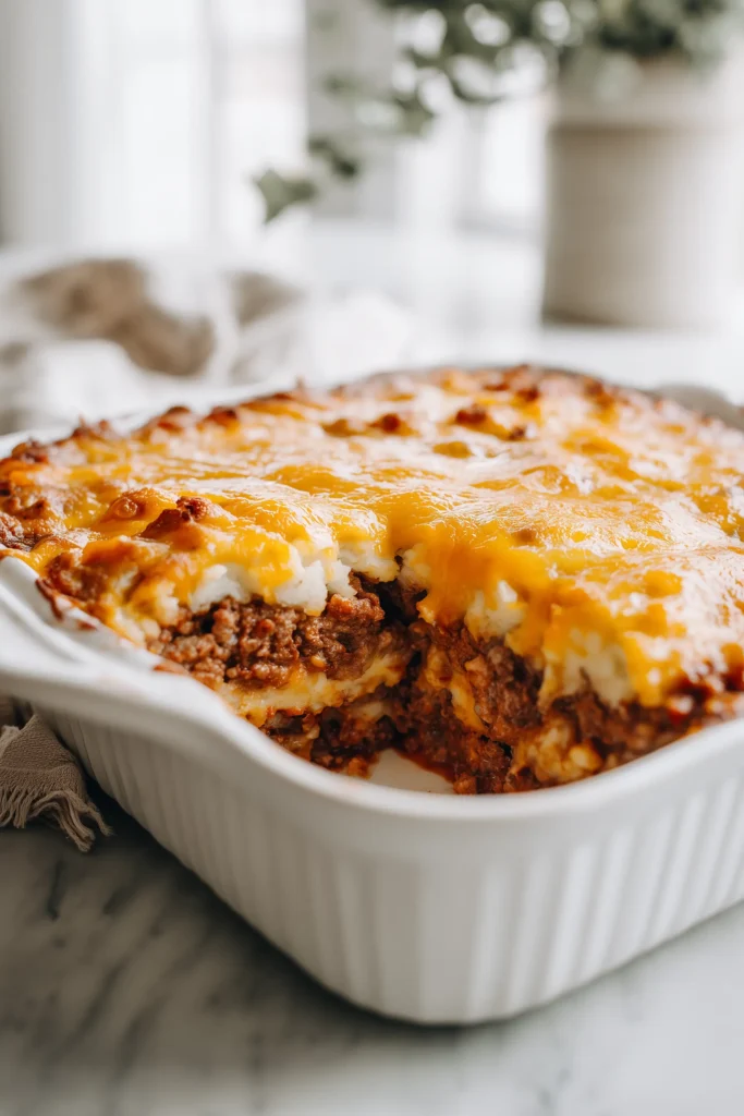 A casserole featuring layers of Meatloaf with Mashed Potatoes and Cheese, golden and inviting on a bright surface.