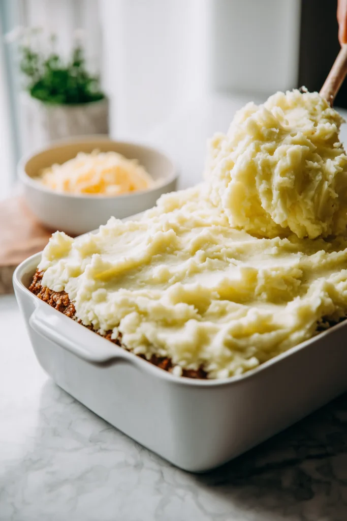 A 45-degree view showing mashed potatoes being spread over a meatloaf base for Meatloaf with Mashed Potatoes and Cheese.