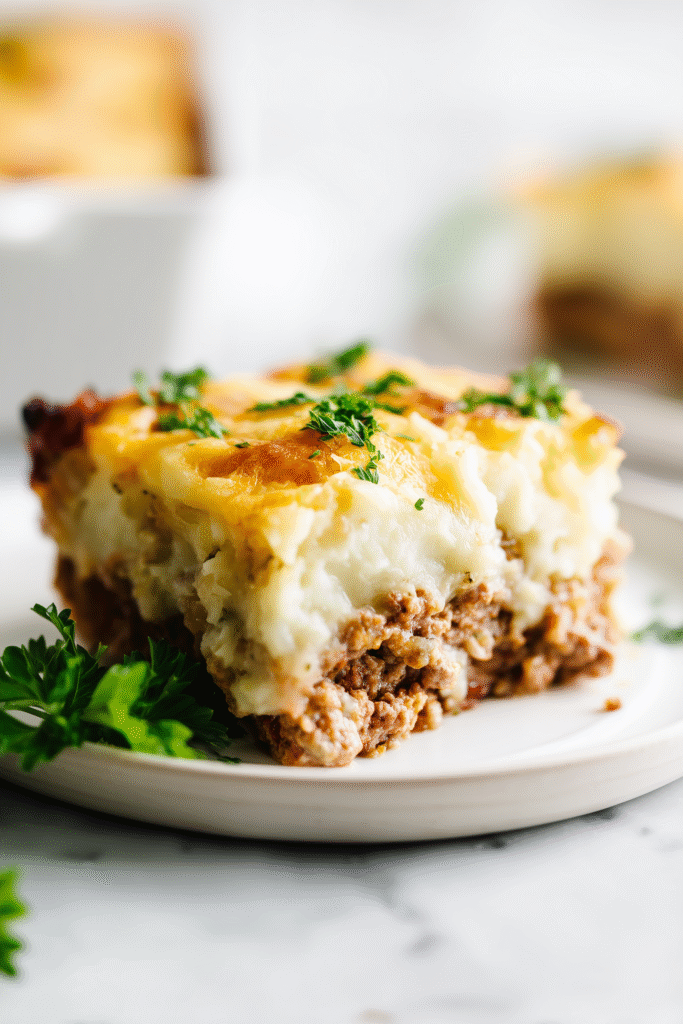 A slice of Meatloaf with Mashed Potatoes and Cheese on a white plate, layers and golden cheese clearly visible.