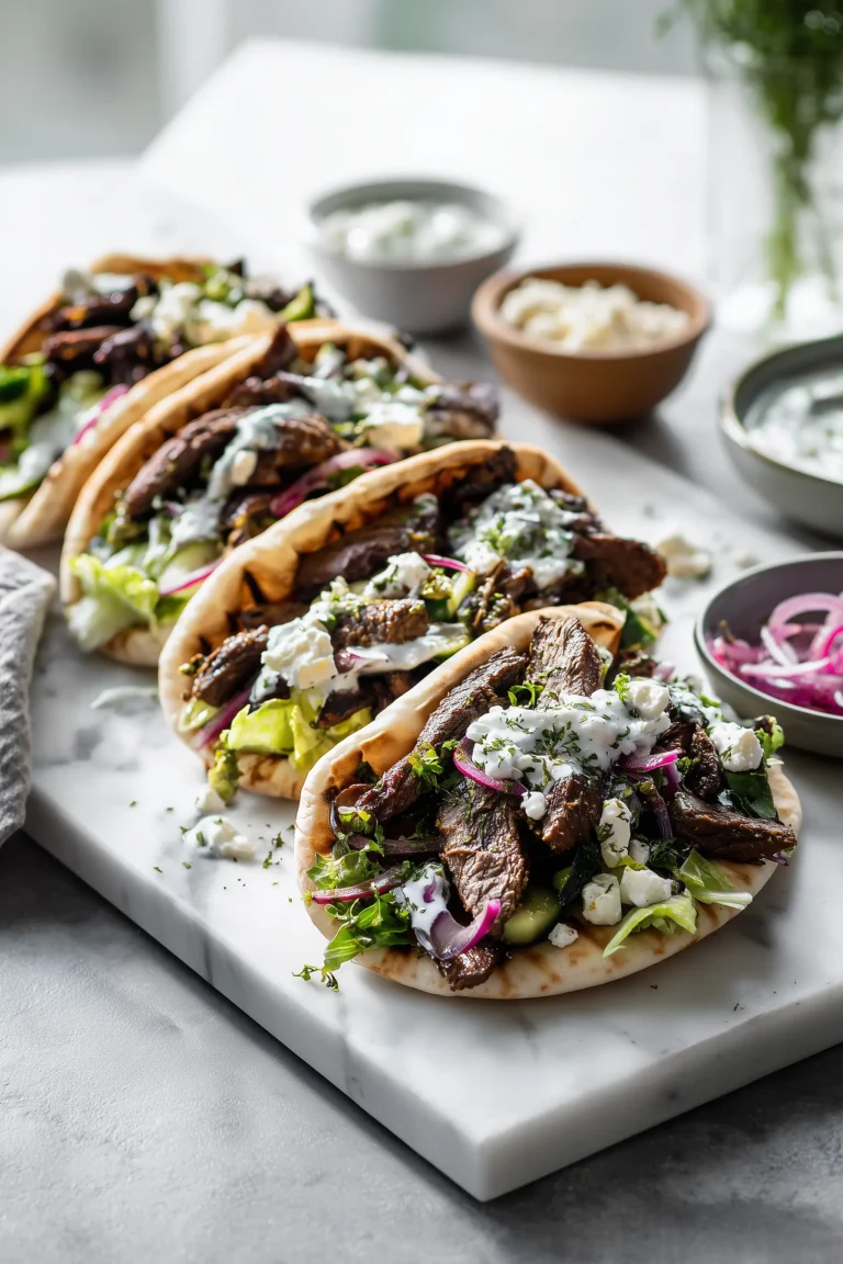 Mediterranean Mushroom Steak Pitas displayed in fluffy pita bread with steak, mushrooms, and Mediterranean toppings.