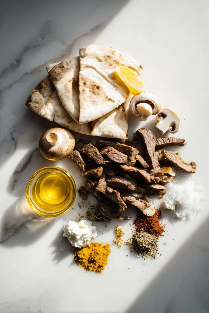 Ingredients for Mediterranean Mushroom Steak Pitas including mushrooms, steak, toppings, and pita bread on a marble background.