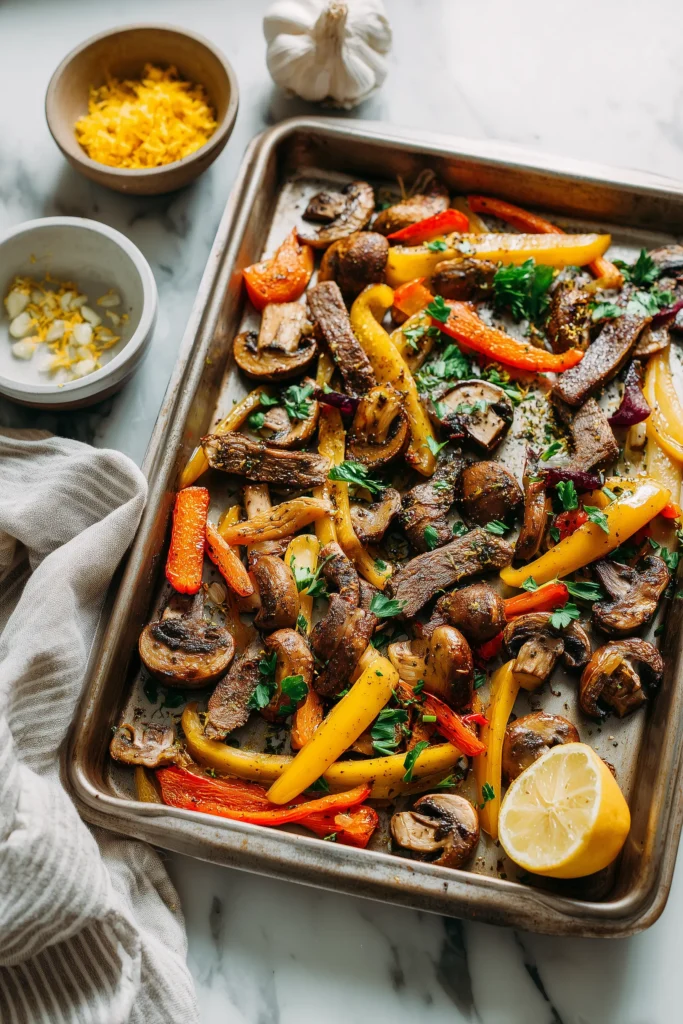 Golden-roasted mushrooms and steak strips on a sheet pan, seasoned for Mediterranean Mushroom Steak Pitas.