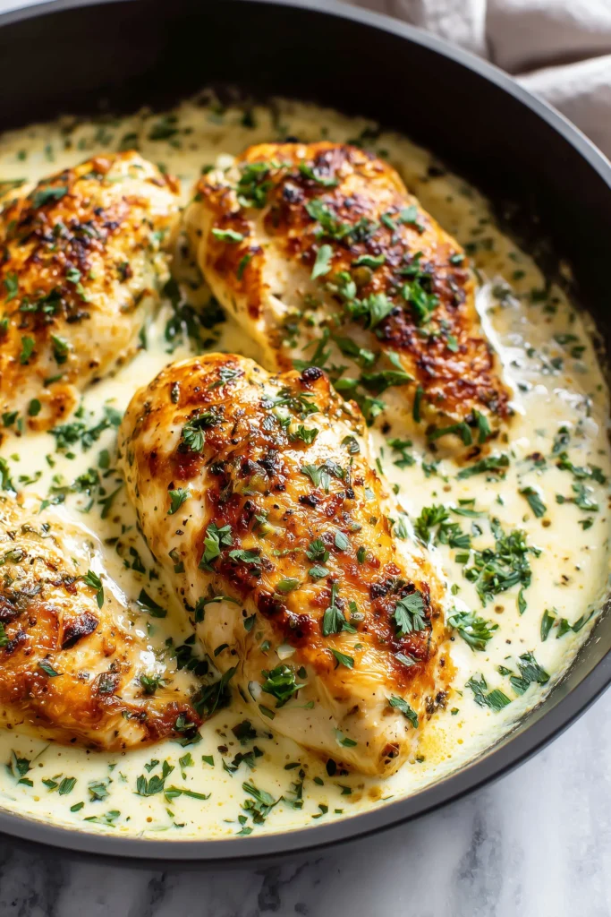 Melt in Your Mouth Chicken Breast 1 A baking dish with melt in your mouth chicken breast, golden and creamy, garnished with herbs.