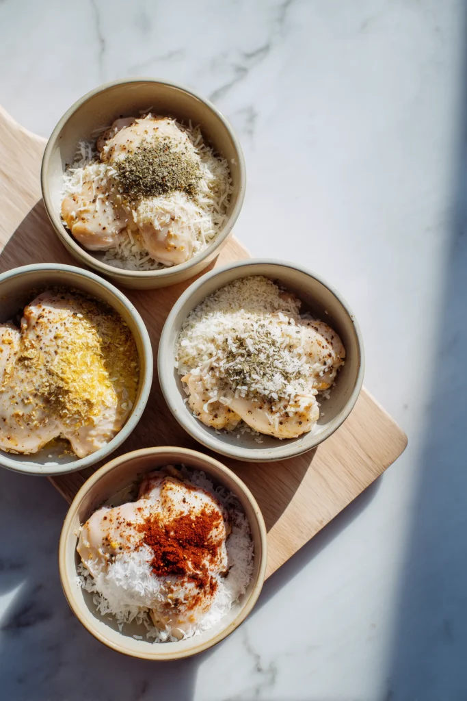 Melt in Your Mouth Chicken Breast 2 Ingredients for melt in your mouth chicken breast arranged in small bowls on a bright wooden surface.