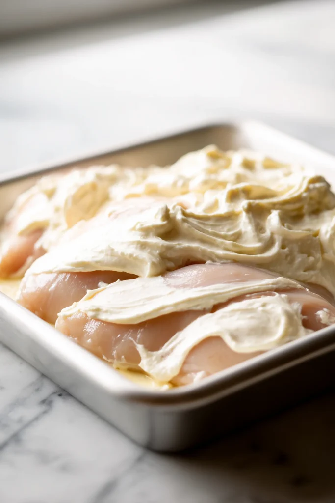 Melt in Your Mouth Chicken Breast 3 Chicken breasts coated with creamy sauce in a baking dish for melt in your mouth chicken breast.