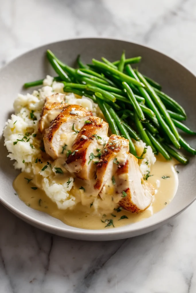 Melt in Your Mouth Chicken Breast 4 A serving plate featuring melt in your mouth chicken breast with mashed potatoes and green beans.