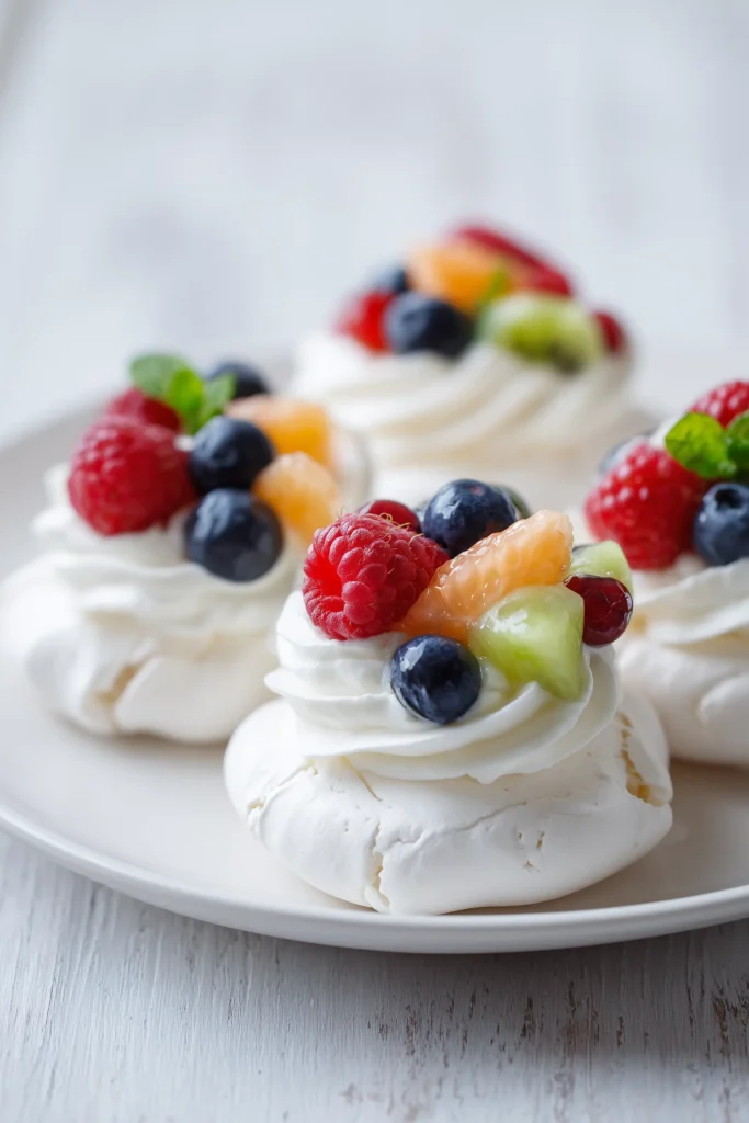 Mini Pavlovas with crisp shells, whipped cream, and fresh fruit arranged on a light background.