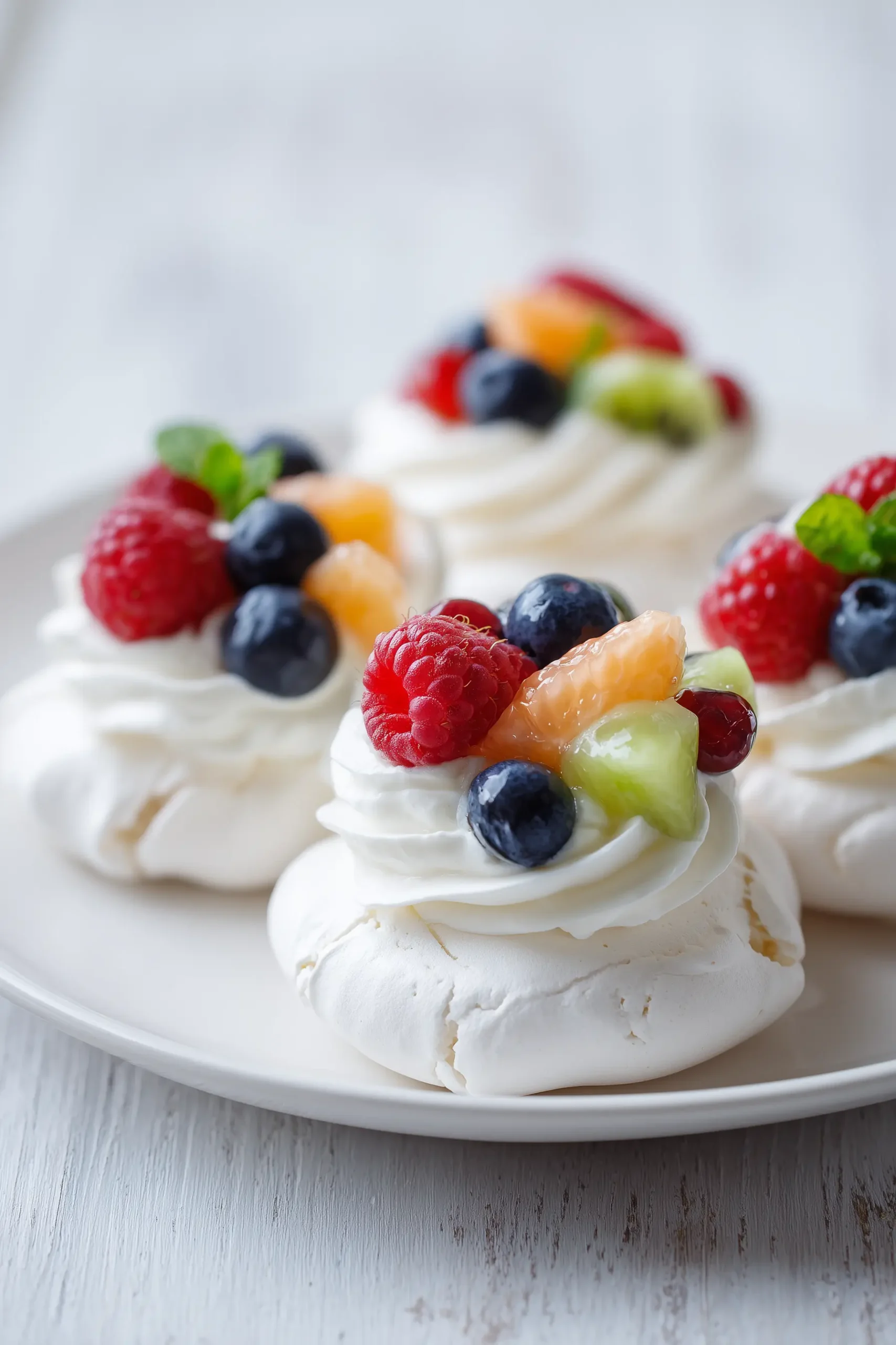 Mini Pavlovas with crisp shells, whipped cream, and fresh fruit arranged on a light background.