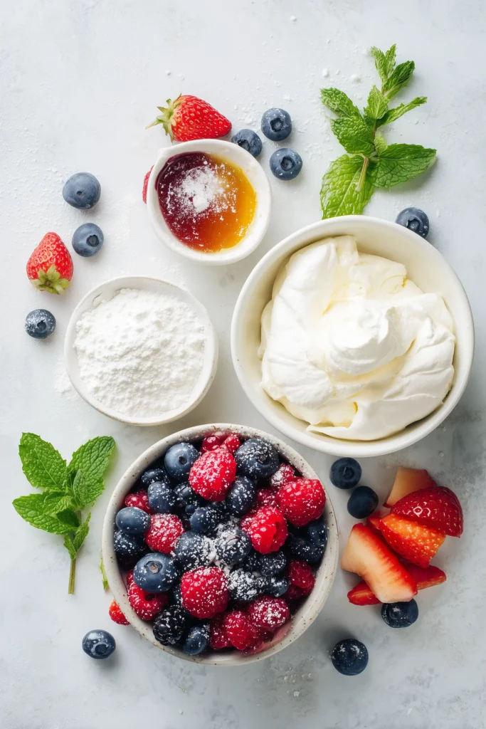 Flatlay of ingredients for Mini Pavlovas including egg whites, sugar, fruits, cream, and flavorings on a bright background.