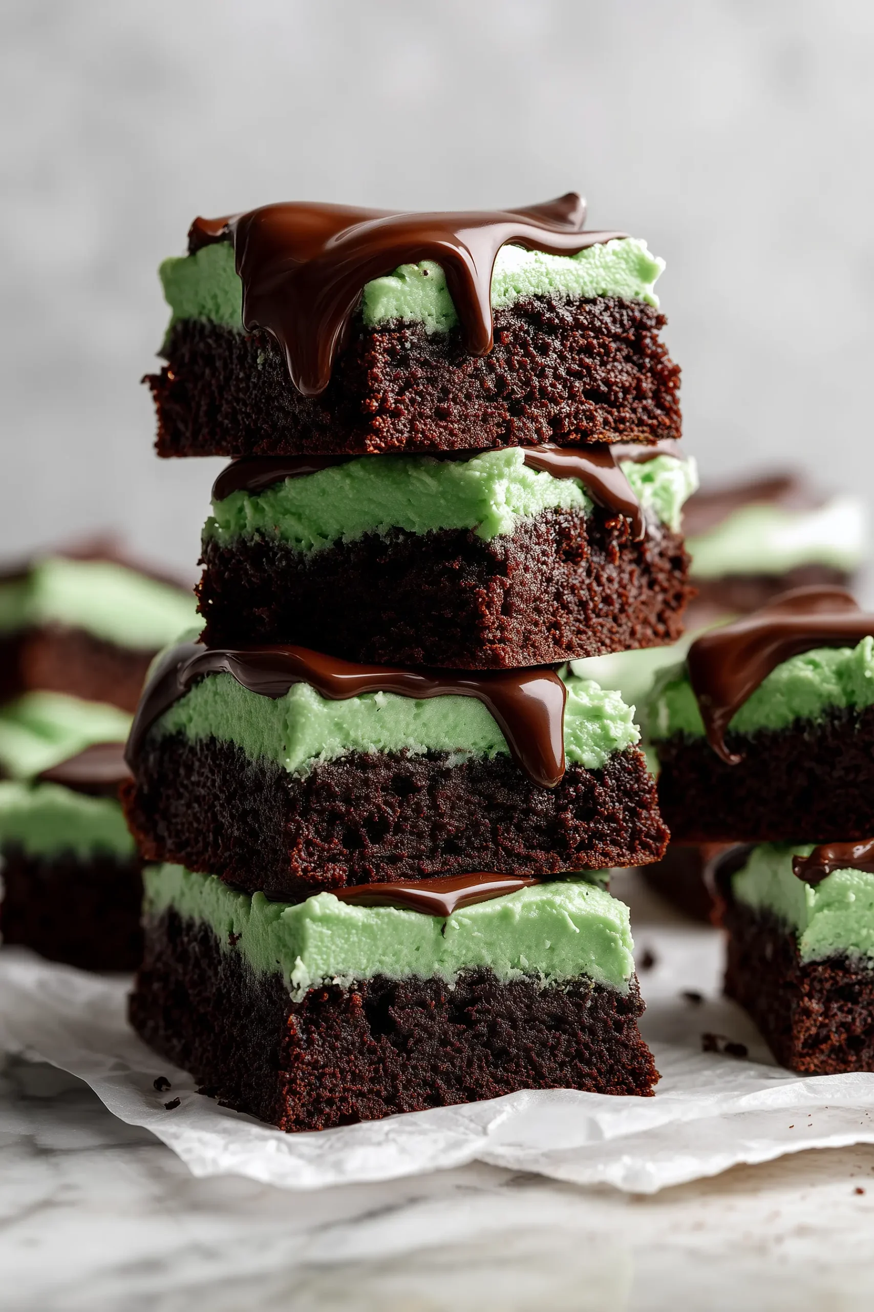 A tray of mint chocolate brownies with green mint frosting and glossy chocolate ganache, showing the signature layers.