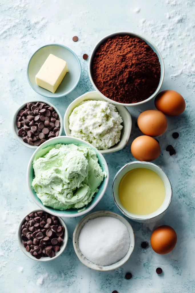 Mint Chocolate Brownies 2 All the measured ingredients for mint chocolate brownies and mint frosting, arranged on a white marble surface.