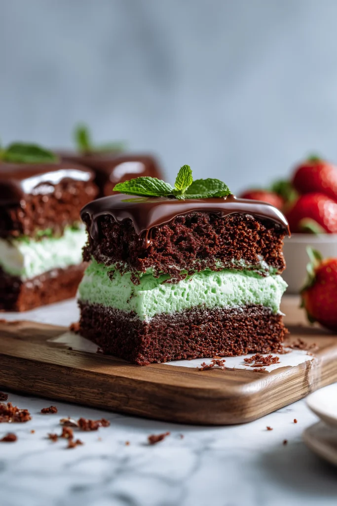 Mint Chocolate Brownies 4 Mint chocolate brownies with mint frosting and ganache, sliced on a wood board next to fresh berries, ready to enjoy.