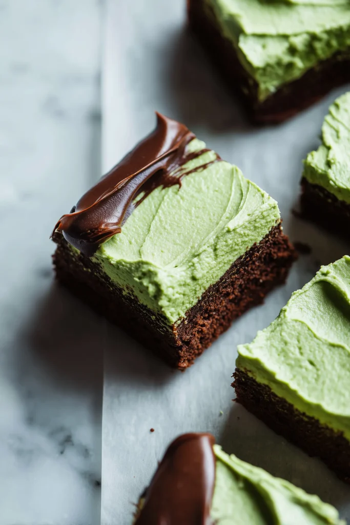 Mint Chocolate Brownies 3 Mint frosting being spread on cooled brownies, creating the top layer for mint chocolate brownies.