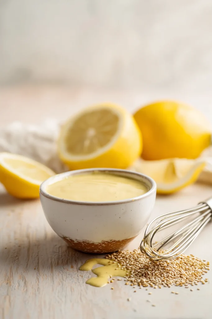 Miso Glazed Sweet Potato Buddha Bowl 3 Bowl of tahini lemon dressing next to fresh grains and veggies for a Miso Glazed Sweet Potato Buddha Bowl.