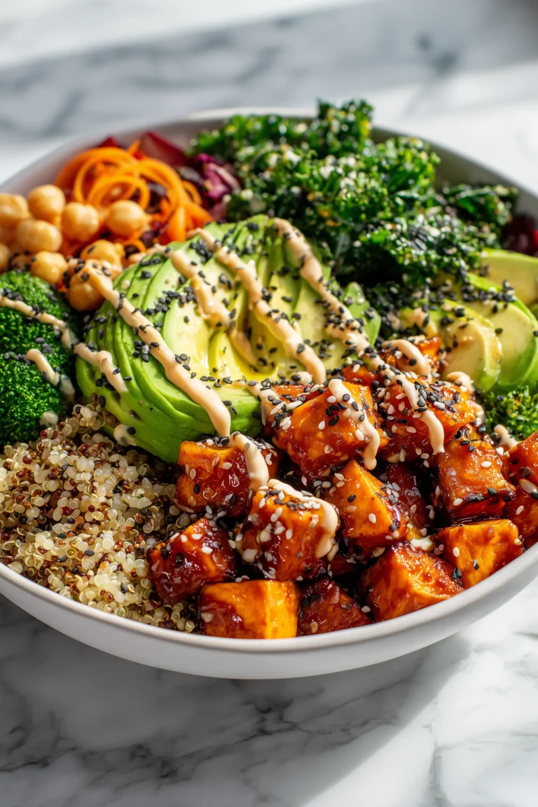 Overhead photo of a Miso Glazed Sweet Potato Buddha Bowl with miso-glazed sweet potatoes, veggies, grains, and a creamy drizzle.