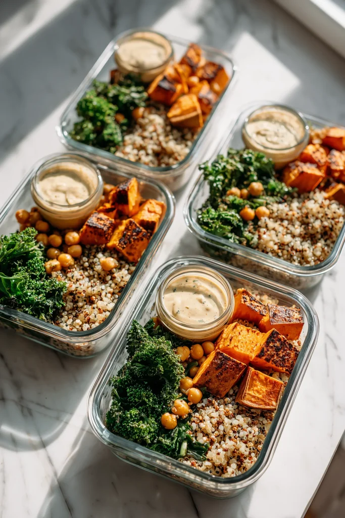 Miso Glazed Sweet Potato Buddha Bowl 4 Meal prep containers with miso glazed sweet potatoes, grains, and veggies for Buddha bowls.