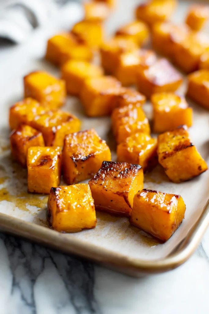 Miso Glazed Sweet Potato Buddha Bowl 2 Close-up of miso glazed sweet potatoes on parchment, golden and caramelized for a Buddha bowl.