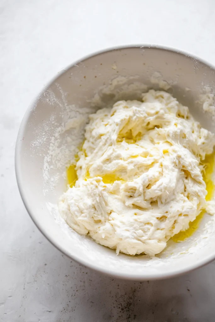 Homemade Ciabatta Bread 2 Sticky, airy dough for Homemade Ciabatta Bread being mixed in a white bowl on a marble background.