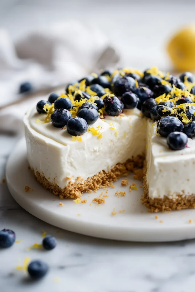 No-Bake Lemon Blueberry Cheesecake 1 A creamy No-Bake Lemon Blueberry Cheesecake with blueberries and lemon zest on a graham crust, styled on a white marble background.