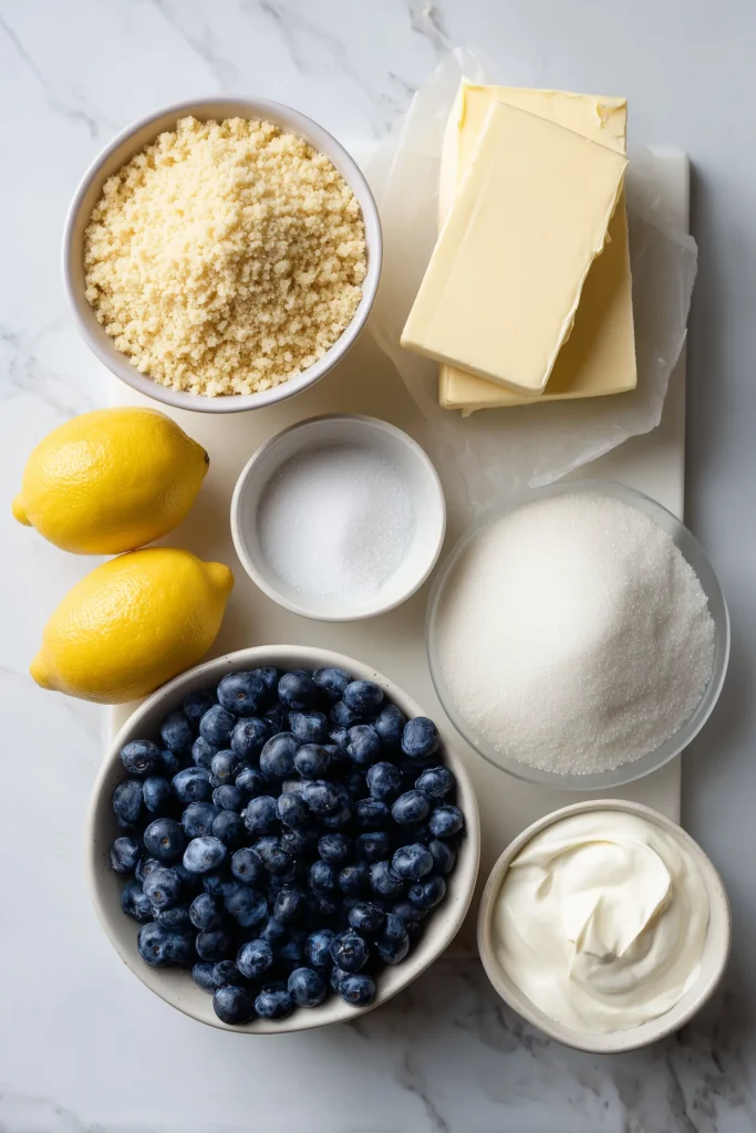 No-Bake Lemon Blueberry Cheesecake 2 All the main ingredients for No-Bake Lemon Blueberry Cheesecake neatly arranged on a white marble surface.