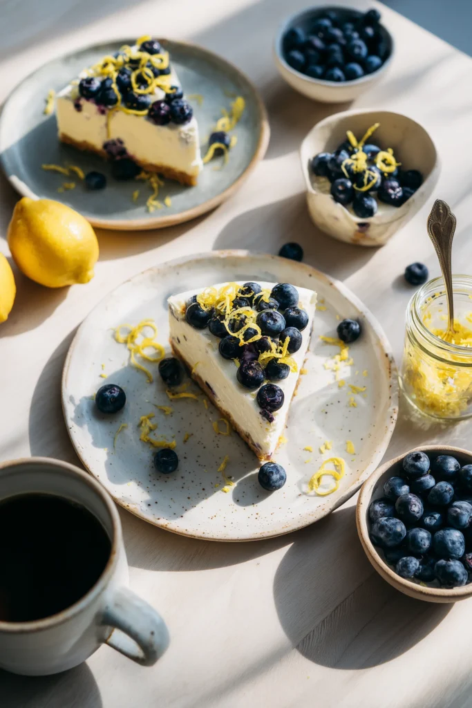 No-Bake Lemon Blueberry Cheesecake 4 Slices of No-Bake Lemon Blueberry Cheesecake with blueberries, lemon zest, and brunch pairings on a light wooden table.