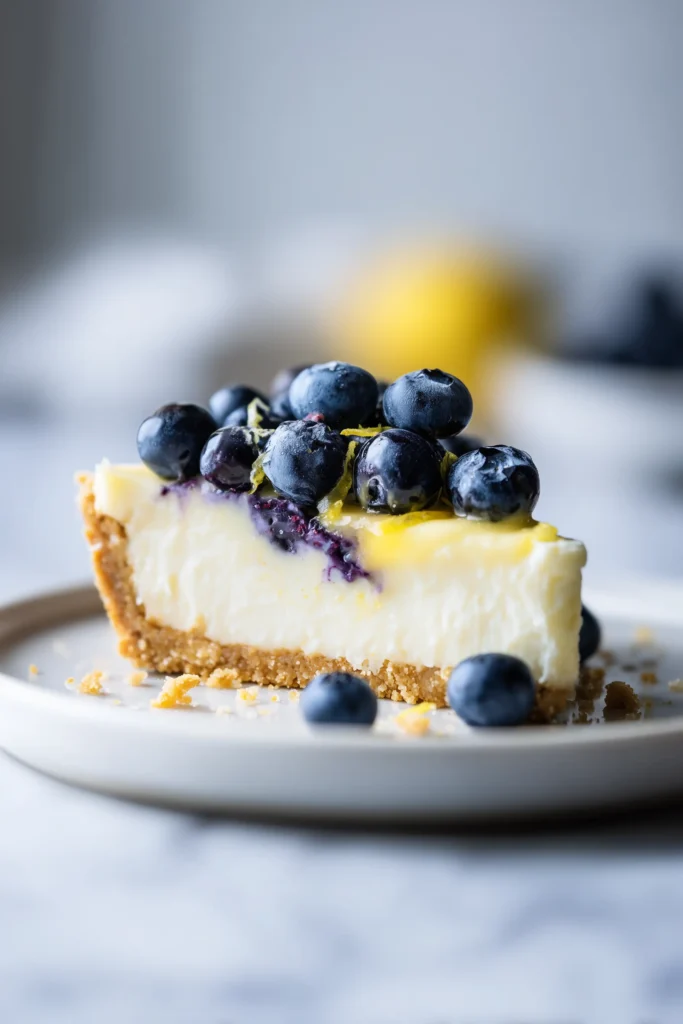 No-Bake Lemon Blueberry Cheesecake 3 A thick slice of No-Bake Lemon Blueberry Cheesecake with blueberries and a golden graham cracker crust on a white plate.