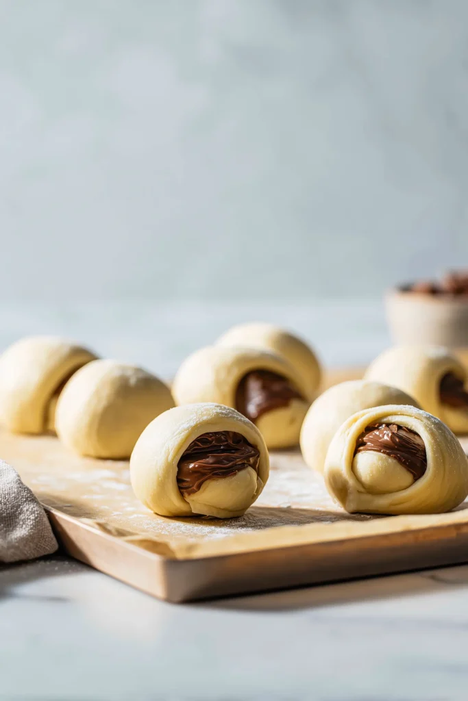 Nutella Bombs 3 Nutella Bombs being assembled on a parchment-lined tray, some with Nutella filling visible inside dough.