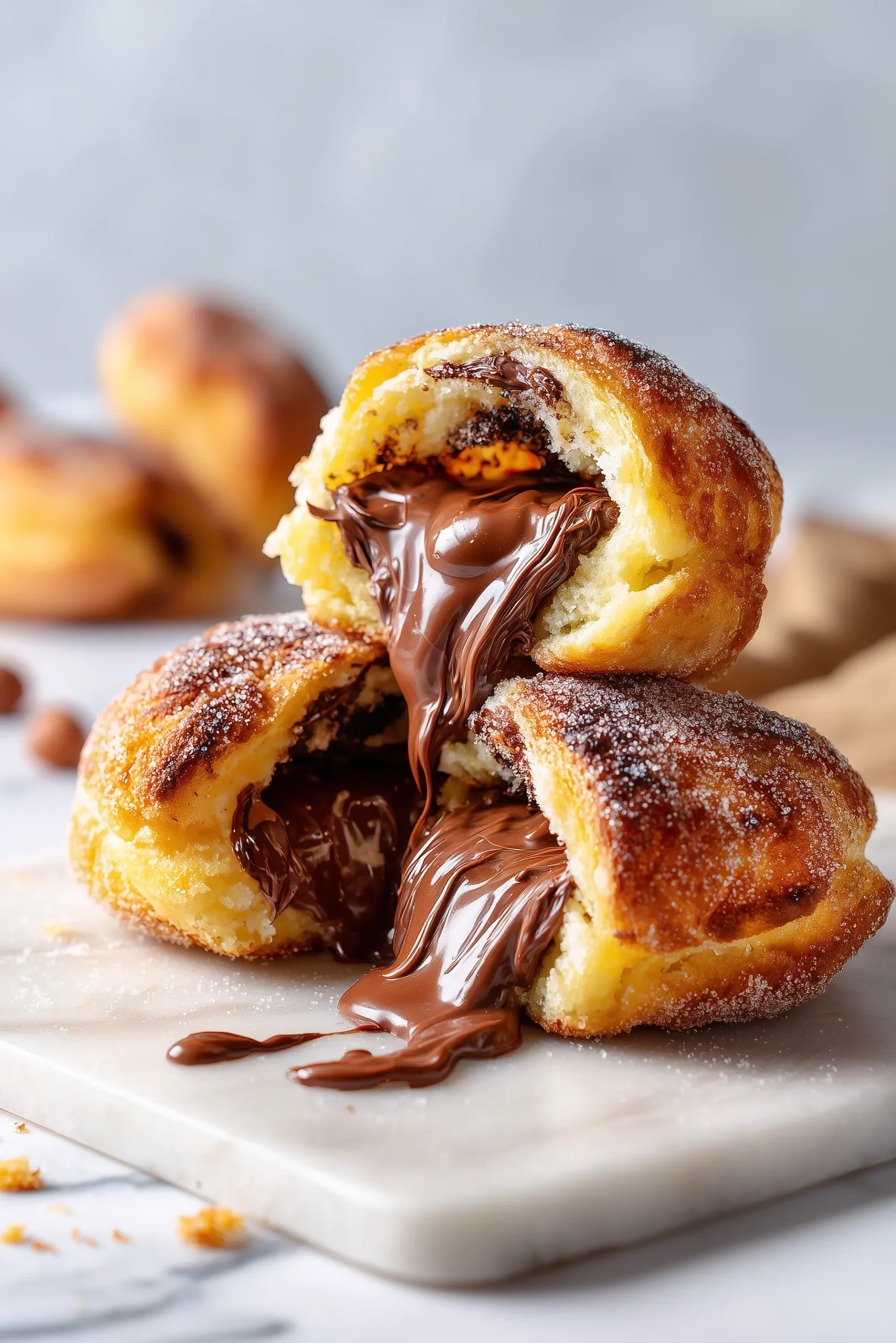 Nutella Bombs split open to reveal melty Nutella centers and golden, sugared dough on a bright surface.
