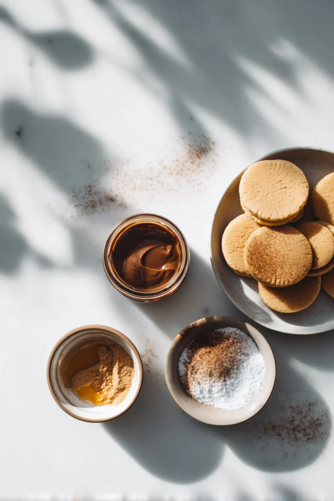 Nutella Bombs 2 Nutella Bombs ingredients including dough, chocolate-hazelnut spread, cinnamon sugar, and butter arranged on a bright surface.
