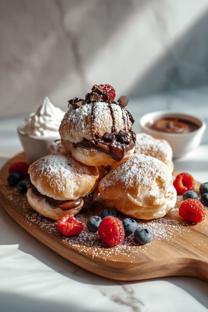Nutella Bombs 4 Nutella Bombs arranged on a wooden board, sprinkled with powdered sugar, with berries and whipped cream beside them.