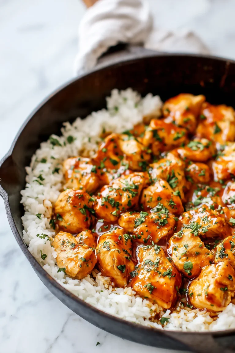 A bright and inviting skillet of One-Pan Bold Honey BBQ Chicken Rice with glossy sauce and fresh herbs.
