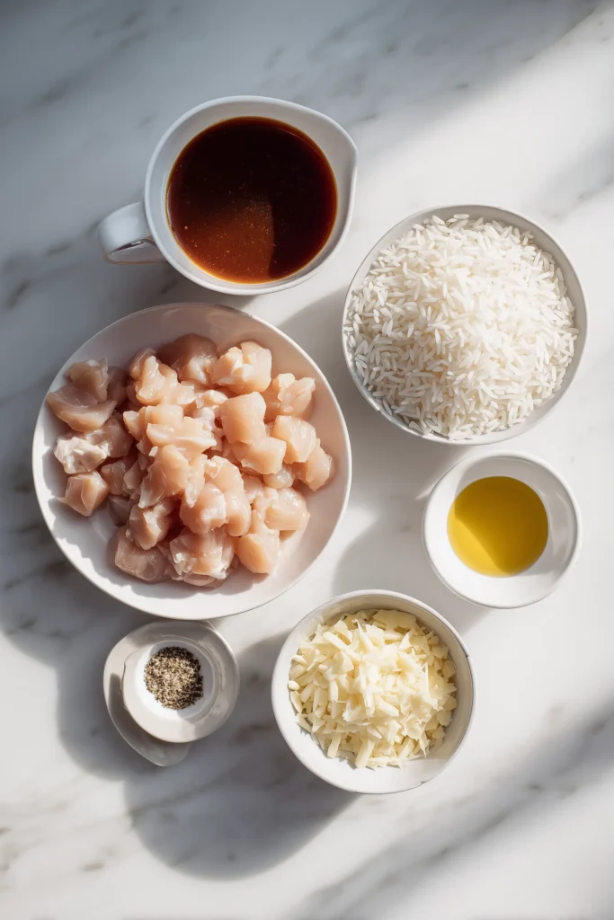 Neatly arranged ingredients for One-Pan Bold Honey BBQ Chicken Rice on a marble surface.