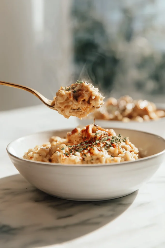 A white bowl filled with steaming One-Pan Bold Honey BBQ Chicken Rice topped with herbs.