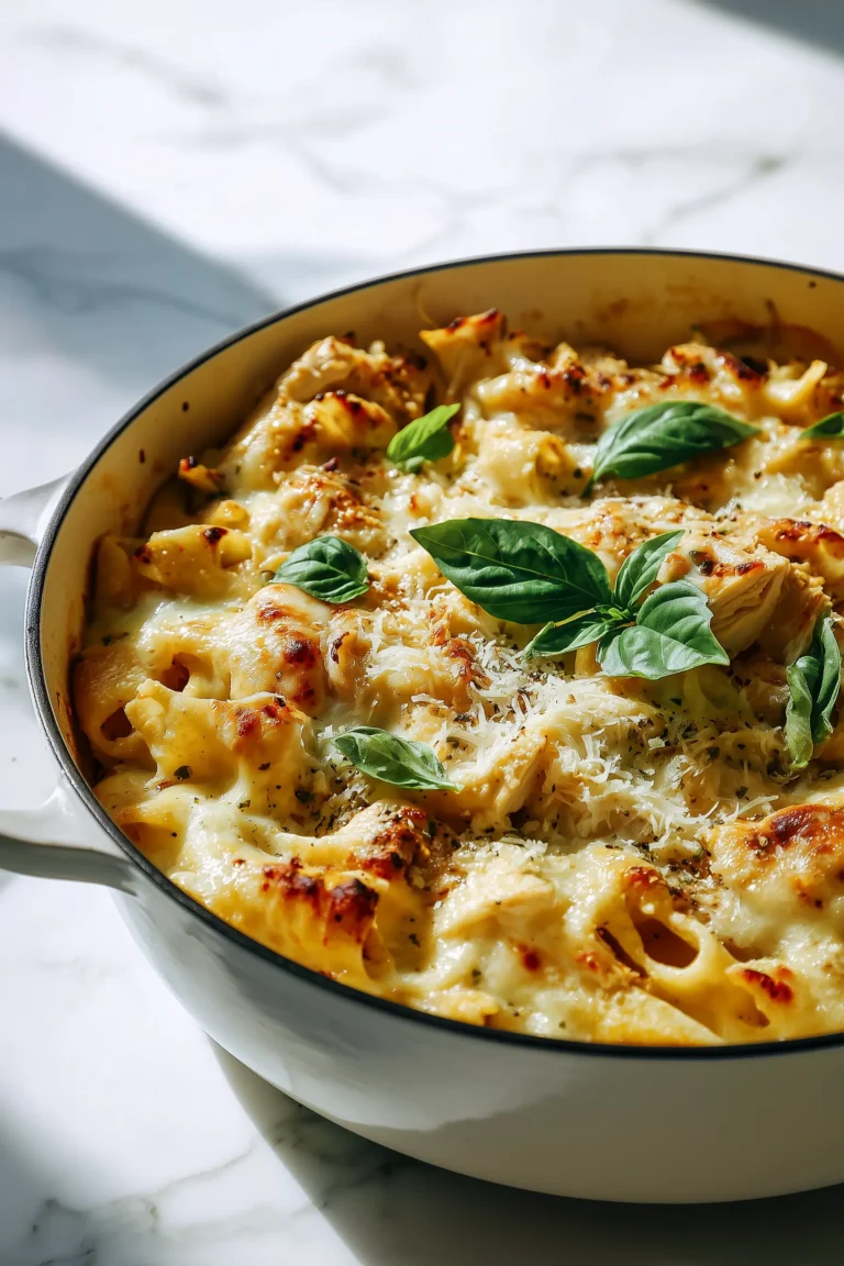 A Dutch oven with golden, cheesy One Pot Chicken Parmesan Pasta topped with herbs.