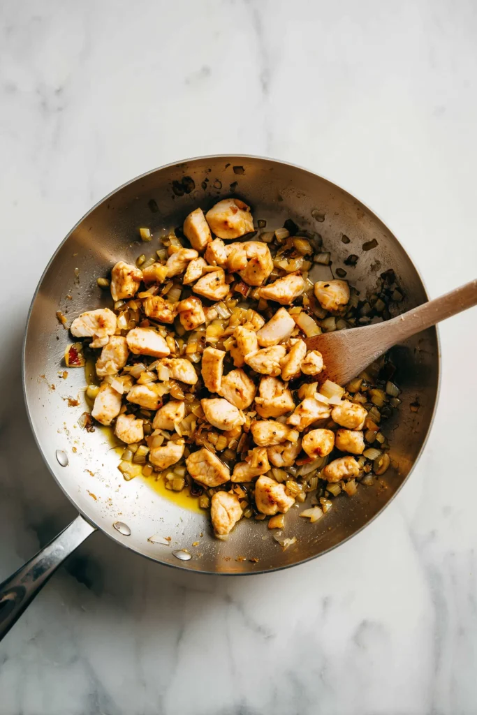 One Pot Chicken Parmesan Pasta 2 Golden chicken pieces with sautéed onion in a pot for One Pot Chicken Parmesan Pasta.