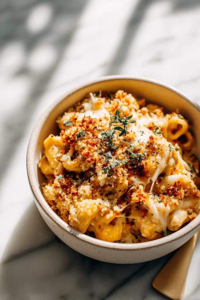 One Pot Chicken Parmesan Pasta 3 A bowl of One Pot Chicken Parmesan Pasta with cheese and fresh herbs on a marble counter.