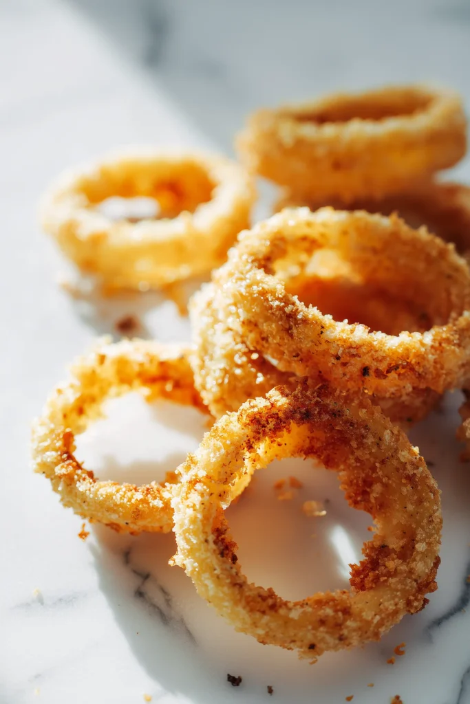 Ultra-crispy onion rings chips displayed on a marble background, showing golden edges and parmesan texture.