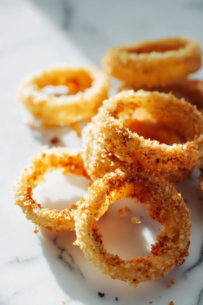 Ultra-crispy onion rings chips displayed on a marble background, showing golden edges and parmesan texture.