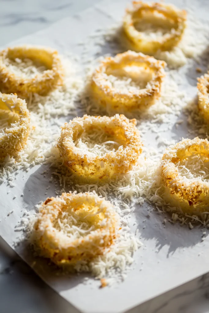 Sweet onion rings placed on shredded parmesan cheese, ready to be baked into crispy onion rings chips.