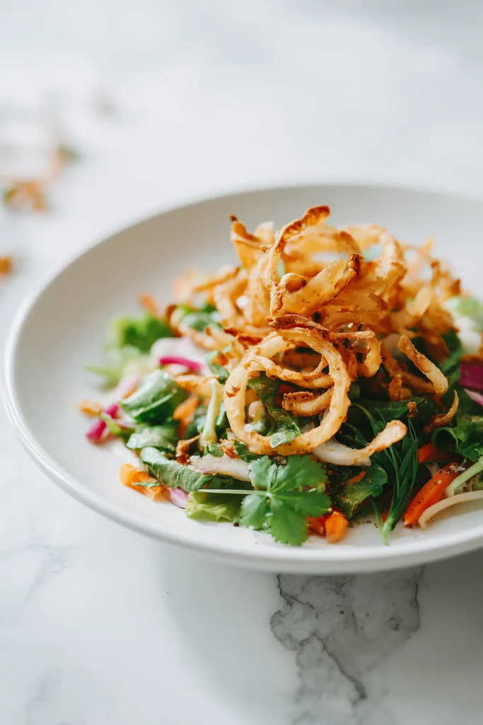Fresh salad with crispy onion rings chips on top, adding golden crunch and color.