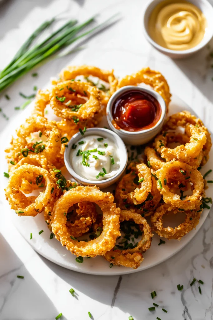 Onion rings chips with bowls of ranch, mustard, and sriracha mayo, ideal for dipping.